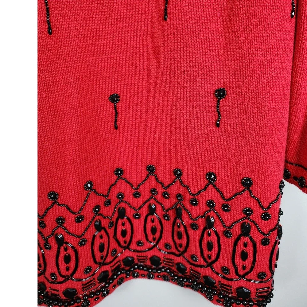 Vtg Victoria Jones Red Beaded Cowl Neck Sweater Top Womens Size L‎ Ramie Cotton